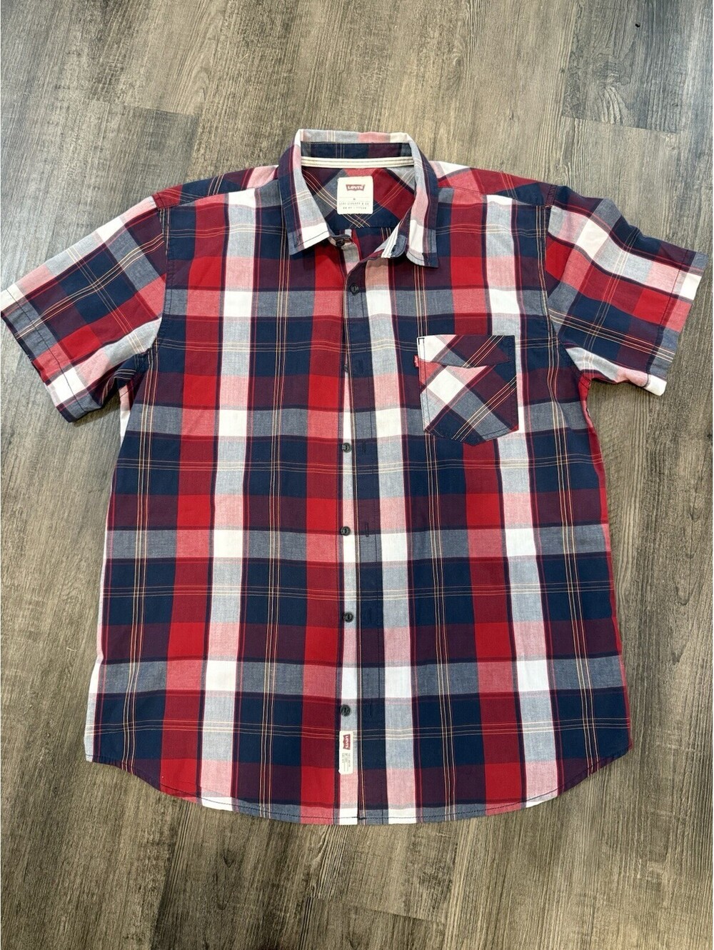 Mens Levi's Short Sleeve Button Down Shirt Plaid Red White Blue XL